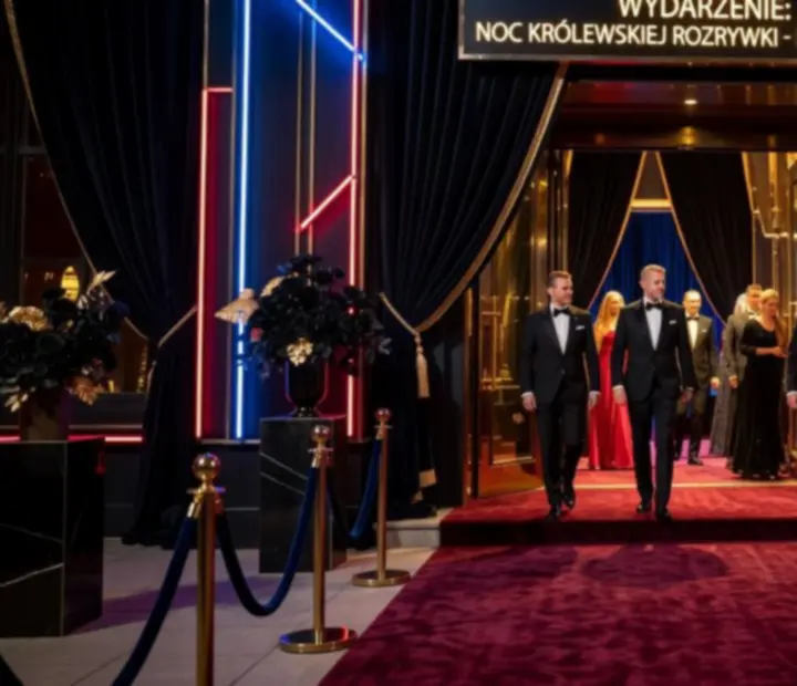 Efektowne nocne wejście na event kasynowy z neonowym światłem