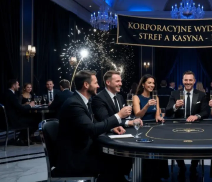 Elegancki wieczór korporacyjny w klimacie kasyna z gośćmi przy stołach do gry