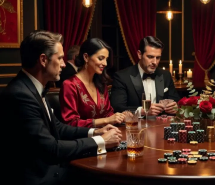 Pokerowa impreza z gośćmi przy eleganckich stołach i świetlnej scenografii