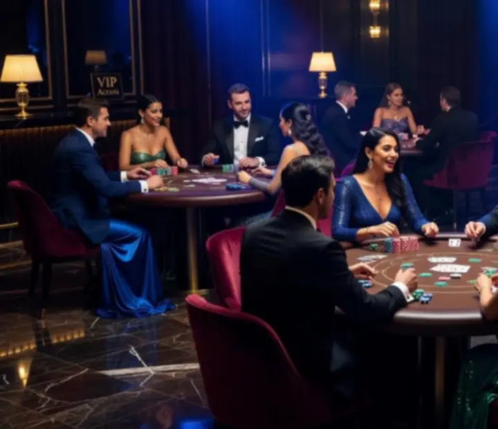 Elegancka scena eventu kasynowego z gośćmi przy stołach do gry
