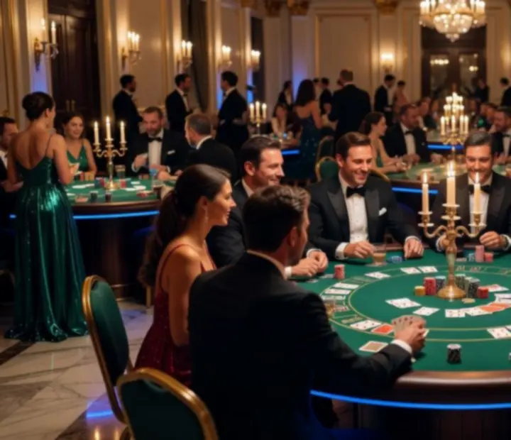 Cinematiczne kasynowe wydarzenie z eleganckimi stołami i gośćmi bawiącymi się przy pokerze