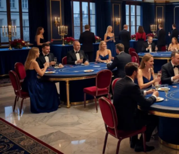 Elegancka aranżacja stołów pokerowych podczas wieczoru eventowego