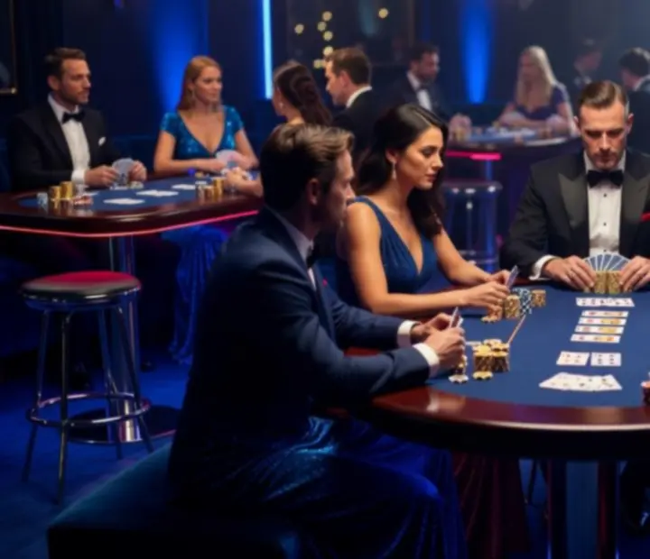 Goście przy stołach pokerowych w kinowej, nocnej atmosferze